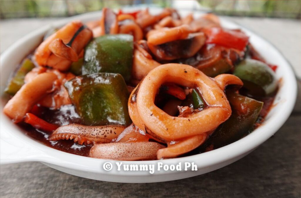 Finished tender squid recipe dish served on a plate.